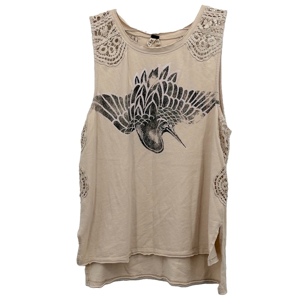 We The Free People Bulls Eye Bird Graphic Crochet Lace Tank Top Medium M